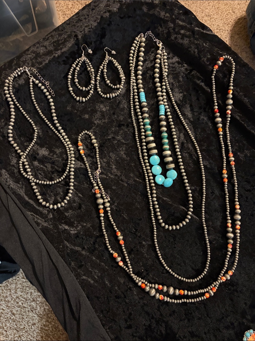 Faux beaded earrings and 3 strand faux bead necklace.  Long faux bead necklace